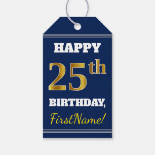 Blue, Faux Gold 25th Birthday + Custom Name Gift Tags
