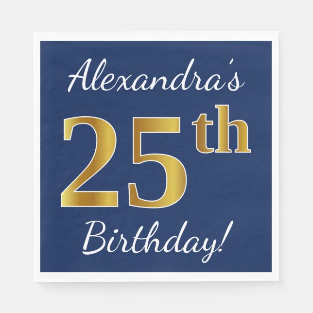 Blue, Faux Gold 25th Birthday + Custom Name Napkin (Front)