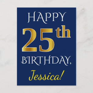 Blue, Faux Gold 25th Birthday + Custom Name Postcard