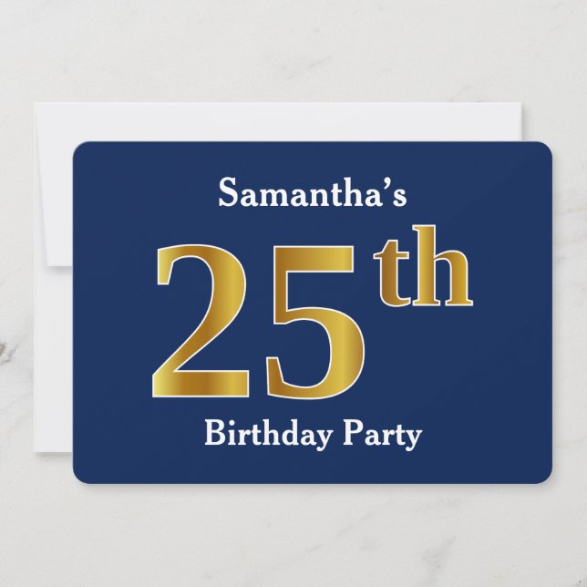 Blue, Faux Gold 25th Birthday Party + Custom Name Invitation (Front)