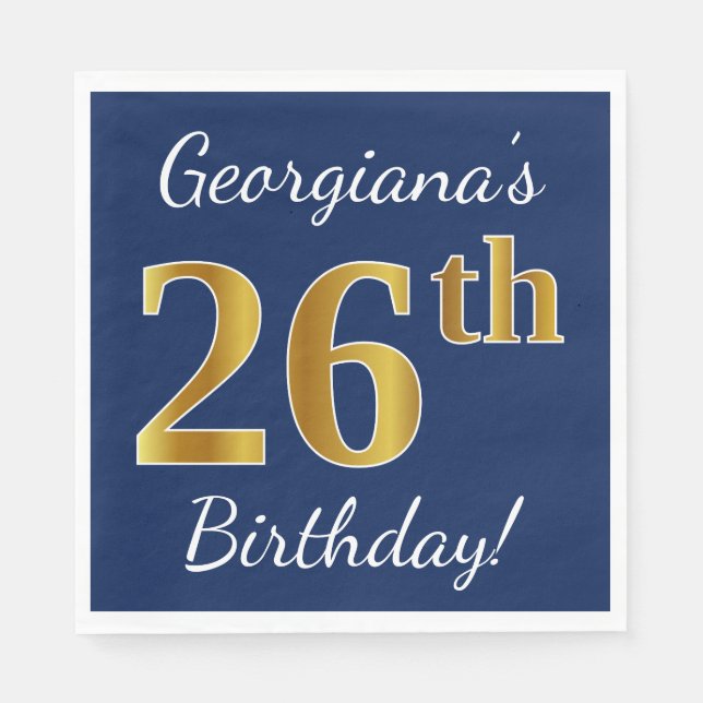 Blue, Faux Gold 26th Birthday + Custom Name Napkin (Front)