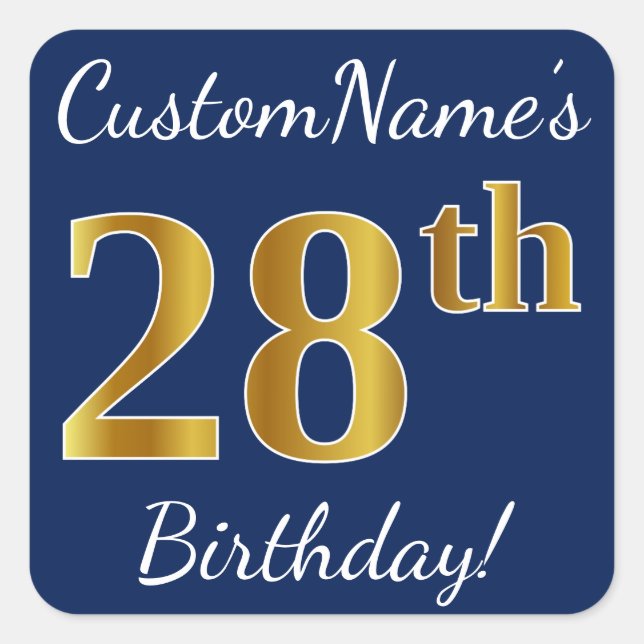 Blue, Faux Gold 28th Birthday + Custom Name Square Sticker (Front)