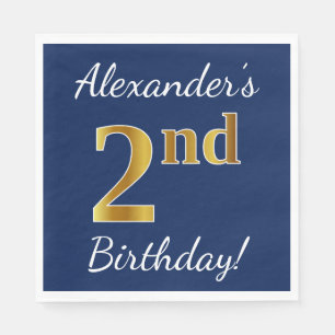Blue, Faux Gold 2nd Birthday + Custom Name Napkin