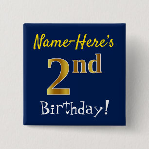 Blue, Faux Gold 2nd Birthday, With Custom Name 2 Inch Square Button