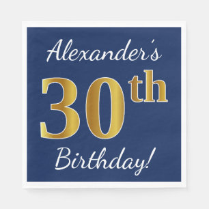 Blue, Faux Gold 30th Birthday + Custom Name Napkin