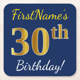 Blue, Faux Gold 30th Birthday + Custom Name Square Paper Coaster