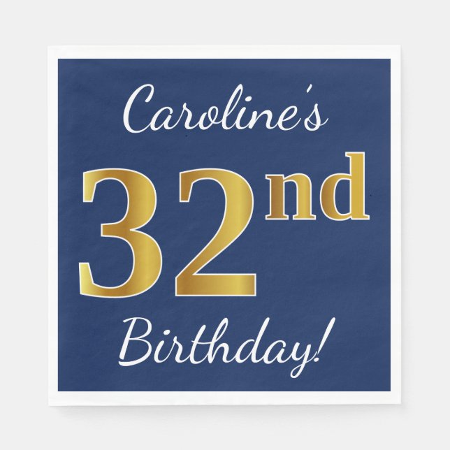 Blue, Faux Gold 32nd Birthday + Custom Name Napkin (Front)