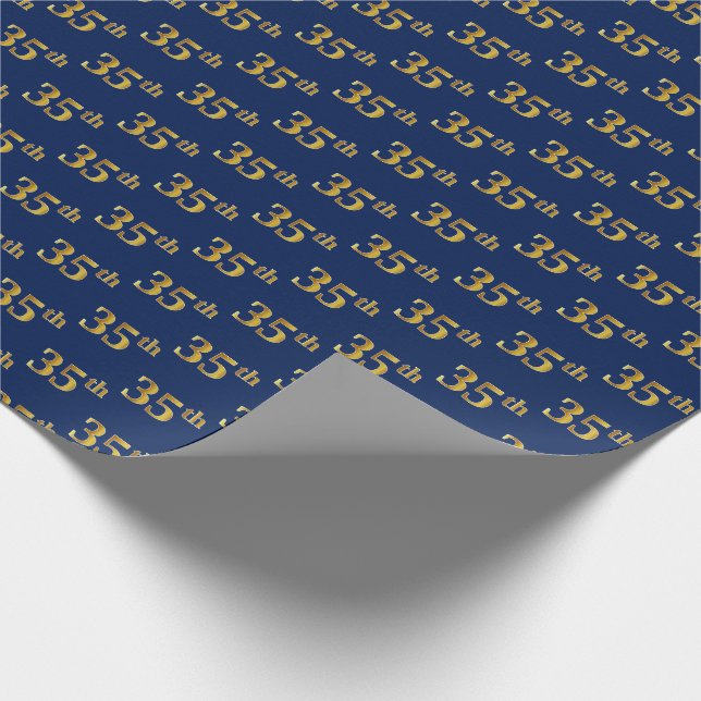 Blue, Faux Gold 35th (Thirty-Fifth) Event Wrapping Paper (Corner)