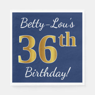 Blue, Faux Gold 36th Birthday + Custom Name Napkin