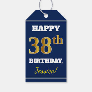 Blue, Faux Gold 38th Birthday + Custom Name Gift Tags