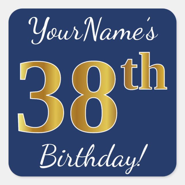 Blue, Faux Gold 38th Birthday + Custom Name Square Sticker (Front)