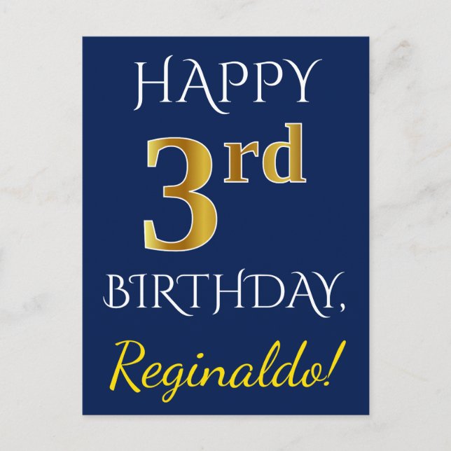 Blue, Faux Gold 3rd Birthday + Custom Name Postcard (Front)