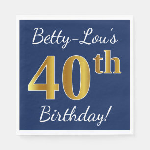 Blue, Faux Gold 40th Birthday + Custom Name Napkin