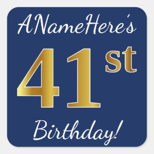 Blue, Faux Gold 41st Birthday + Custom Name Square Sticker