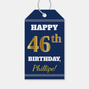 Blue, Faux Gold 46th Birthday + Custom Name Gift Tags