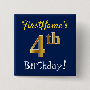 Blue, Faux Gold 4th Birthday, With Custom Name 2 Inch Square Button