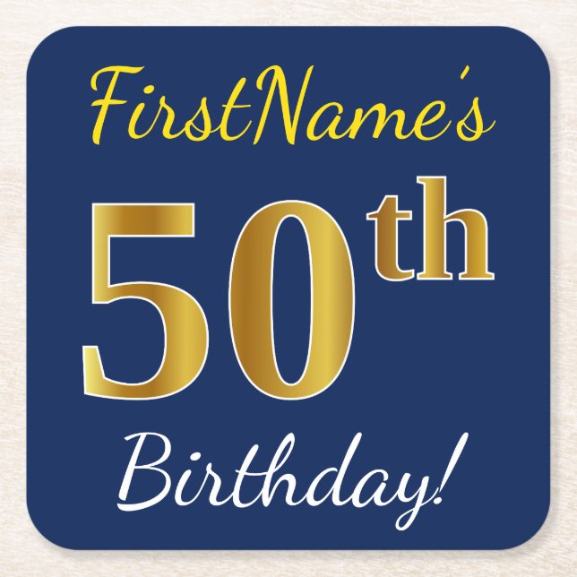 Blue, Faux Gold 50th Birthday + Custom Name Square Paper Coaster (Front)