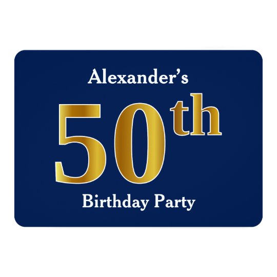 Blue, Faux Gold 50th Birthday Party + Custom Names Card