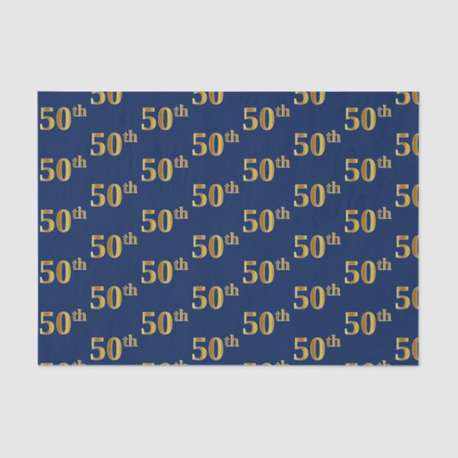 Blue, Faux Gold 50th (Fiftieth) Event Tissue Paper (Front)