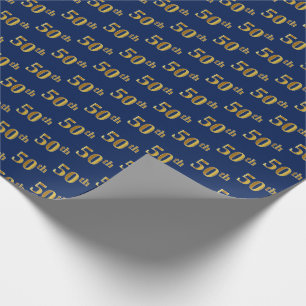 Blue, Faux Gold 50th (Fiftieth) Event Wrapping Paper