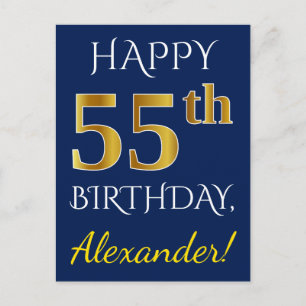 Blue, Faux Gold 55th Birthday + Custom Name Postcard
