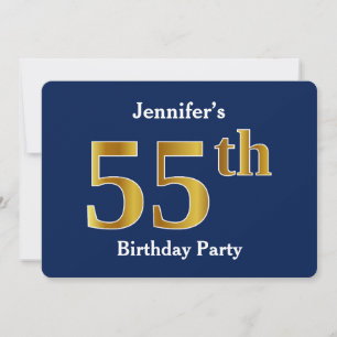 Blue, Faux Gold 55th Birthday Party + Custom Name Invitation
