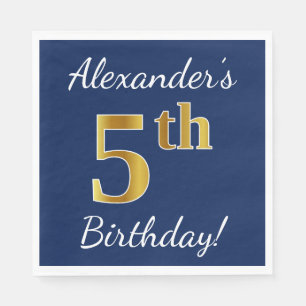 Blue, Faux Gold 5th Birthday + Custom Name Napkin