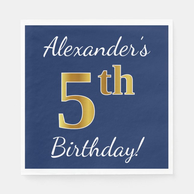 Blue, Faux Gold 5th Birthday + Custom Name Napkin (Front)