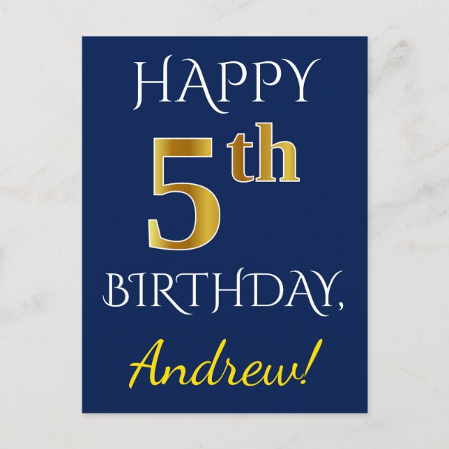 Blue, Faux Gold 5th Birthday + Custom Name Postcard (Front)