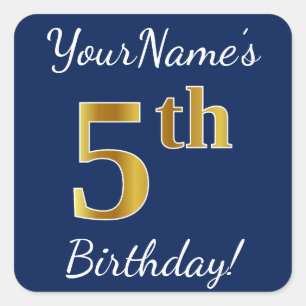 Blue, Faux Gold 5th Birthday + Custom Name Sticker