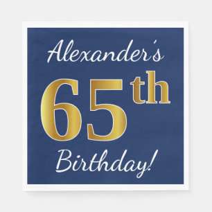 Blue, Faux Gold 65th Birthday + Custom Name Napkin
