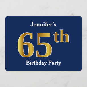 Blue, Faux Gold 65th Birthday Party + Custom Name Invitation