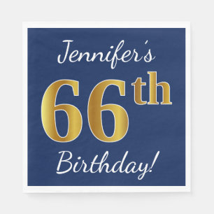 Blue, Faux Gold 66th Birthday + Custom Name Napkin
