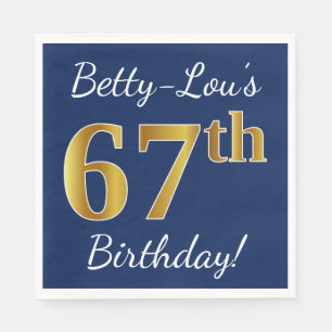 Blue, Faux Gold 67th Birthday + Custom Name Napkin
