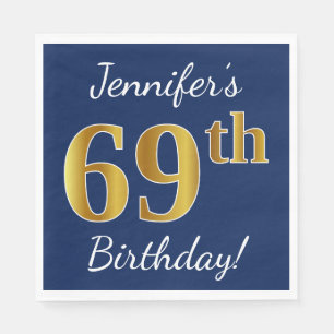 Blue, Faux Gold 69th Birthday + Custom Name Napkin