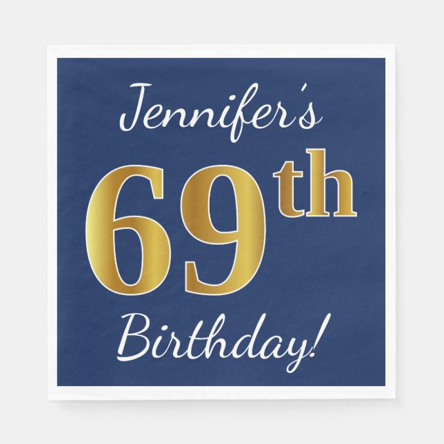 Blue, Faux Gold 69th Birthday + Custom Name Napkin (Front)