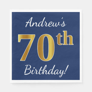 Blue, Faux Gold 70th Birthday + Custom Name Napkin
