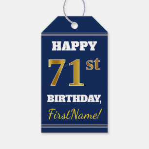 Blue, Faux Gold 71st Birthday + Custom Name Gift Tags