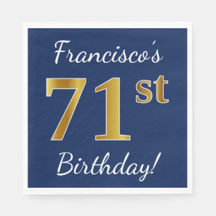 Blue, Faux Gold 71st Birthday + Custom Name Napkin