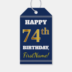 Blue, Faux Gold 74th Birthday + Custom Name Gift Tags
