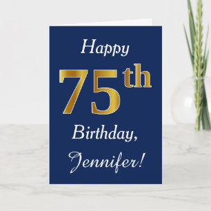 Blue, Faux Gold 75th Birthday + Custom Name Card