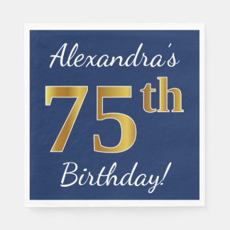 Blue, Faux Gold 75th Birthday + Custom Name Napkin