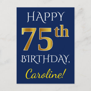 Blue, Faux Gold 75th Birthday + Custom Name Postcard