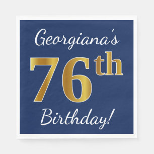 Blue, Faux Gold 76th Birthday + Custom Name Napkin
