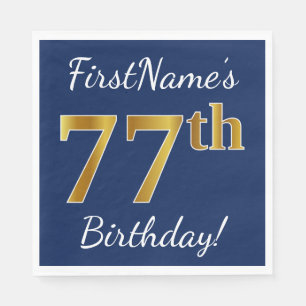 Blue, Faux Gold 77th Birthday + Custom Name Napkin