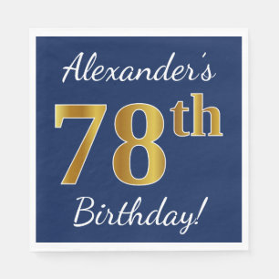 Blue, Faux Gold 78th Birthday + Custom Name Napkin
