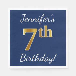 Blue, Faux Gold 7th Birthday + Custom Name Napkin