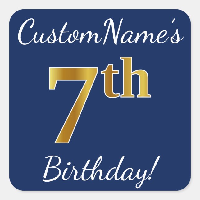Blue, Faux Gold 7th Birthday + Custom Name Sticker (Front)