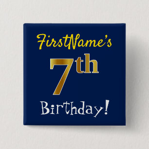 Blue, Faux Gold 7th Birthday, With Custom Name 2 Inch Square Button