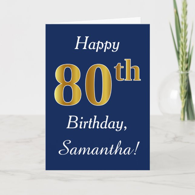 Blue, Faux Gold 80th Birthday + Custom Name Card (Front)